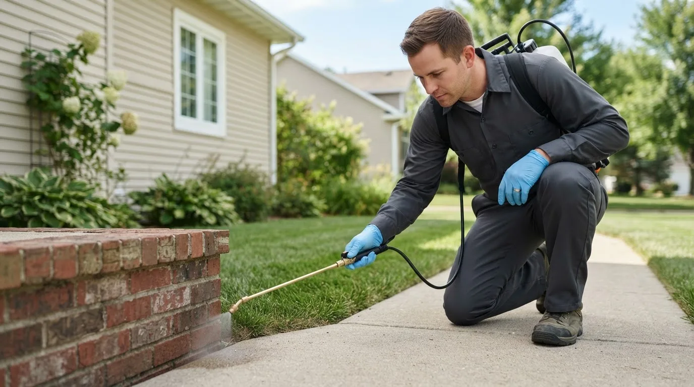 Pest control technician treating a home near New Canaan, CT